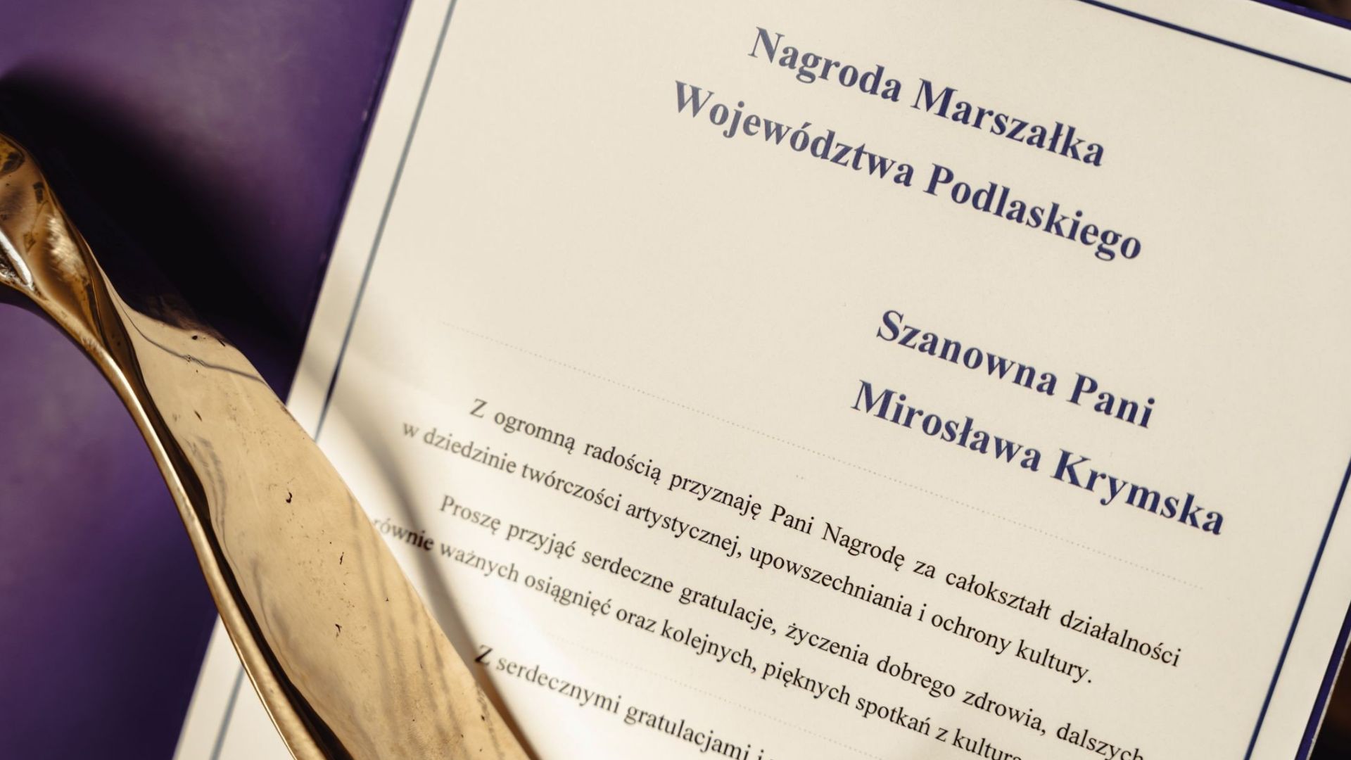 Mirosława Krymska z Nagrodą Marszałka Województwa Podlaskiego